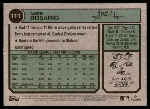 Amed Rosario baseball card with career stats from 2023 Topps Heritage original gloss