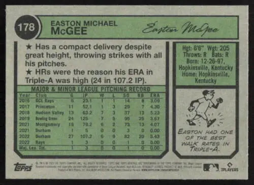 Baseball card back of 2023 Topps Heritage #178 Easton McGee Mint RC Rookie Mariners