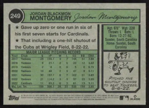 Baseball card back of 2023 Topps Heritage #249 Jordan Montgomery in Near Mint condition
