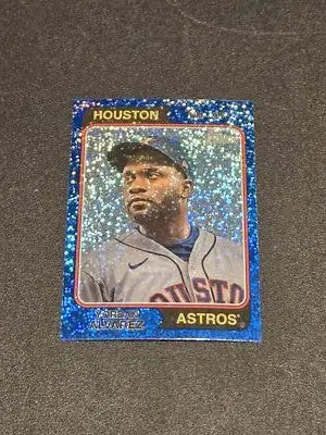 Yordan Alvarez baseball card featuring 2023 Topps Heritage Yordan Alvarez Chrome Blue Sparkle Refractor