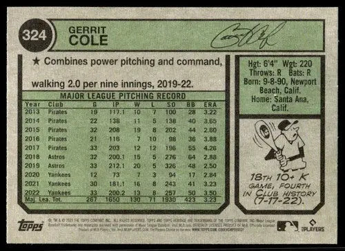 Back of 2023 Topps Heritage Gerrit Cole baseball card with original gloss