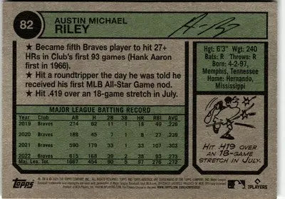 Baseball card back featuring Austin Riley from 2023 Topps Heritage Atlanta Braves