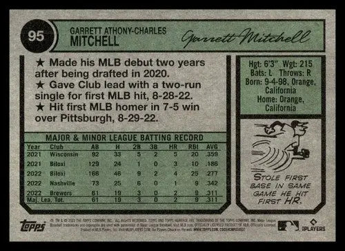 2023 Topps Heritage #95 Garrett Mitchell NM-MT RC Rookie Brewers ID:73374 - Trading Cards