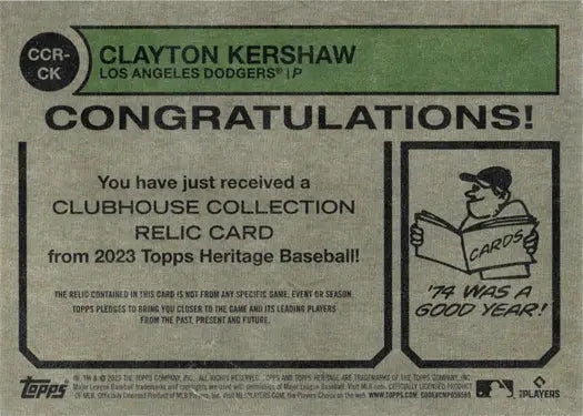 Baseball card congratulating recipient on Clayton Kershaw Clubhouse Collection relic card