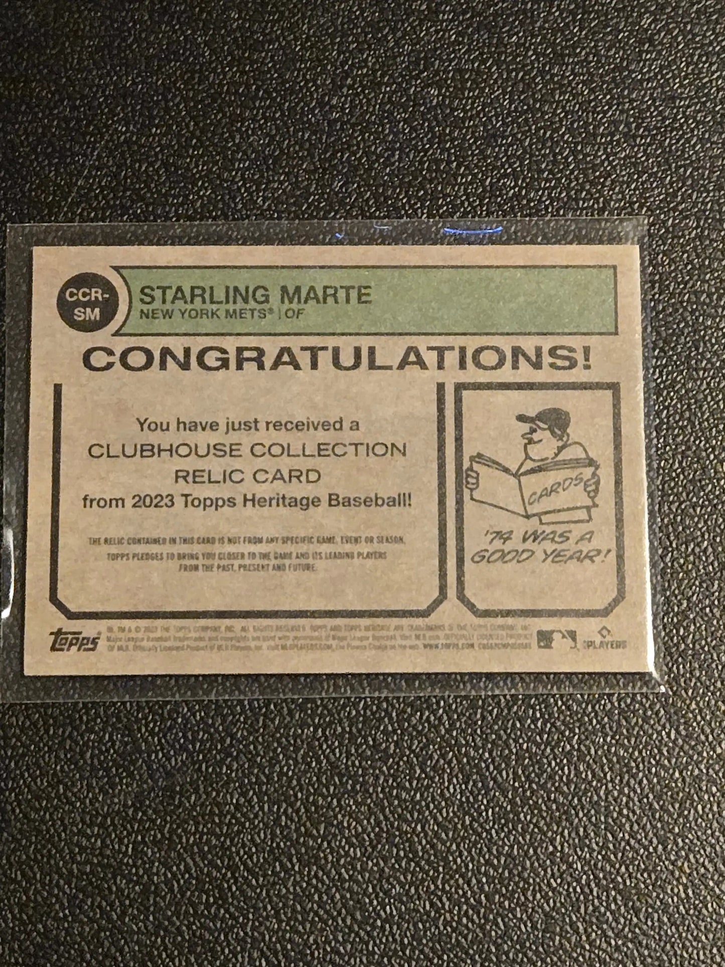Back of 2023 Topps Heritage Starling Marte Clubhouse Collection Relics card