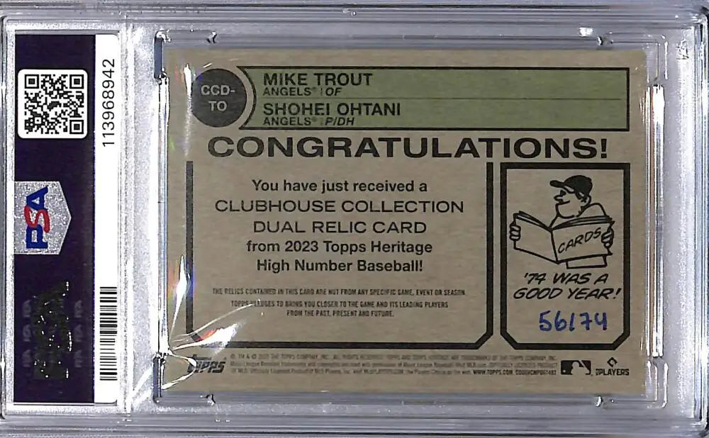 Graded Mike Trout and Shohei Ohtani dual relic baseball card from 2023 Topps Heritage High