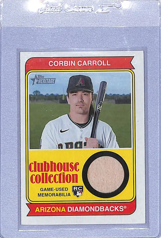 Baseball card of Corbin Carroll with game-used memorabilia from Clubhouse Collection Relics