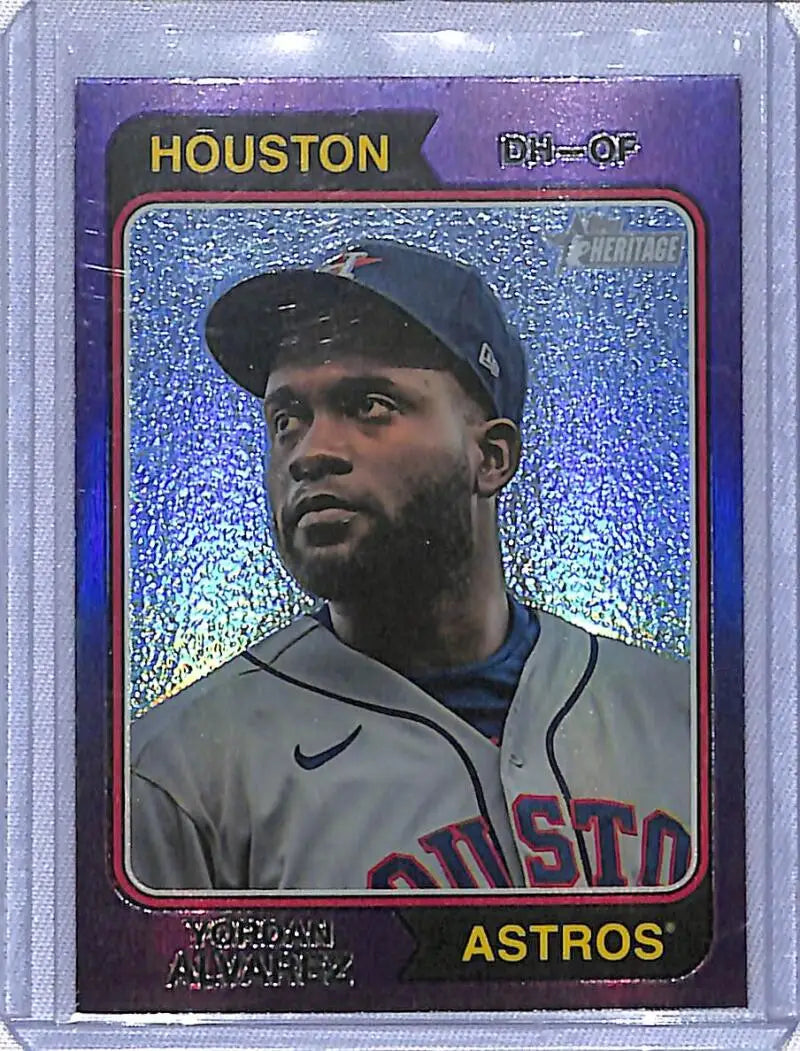 Chrome Topps Heritage Purple card of Yordan Alvarez in gray Astros uniform