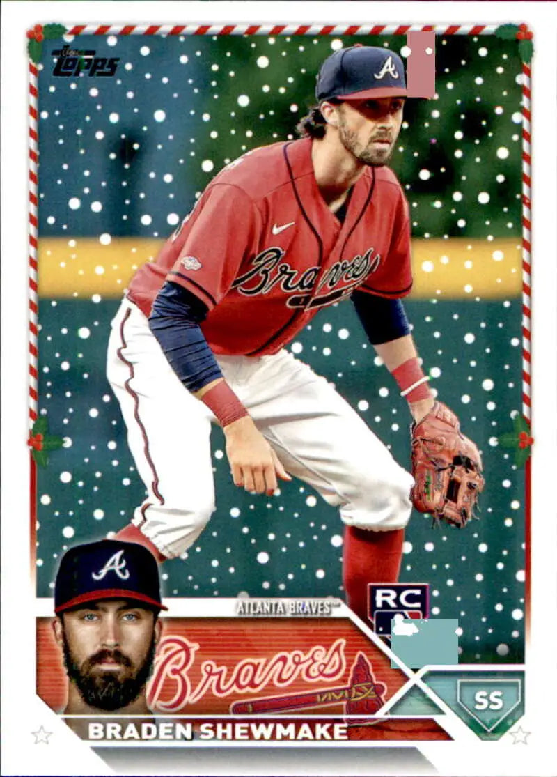 Braden Shewmake in red jersey fielding stance on 2023 Topps Holiday Atlanta Braves card