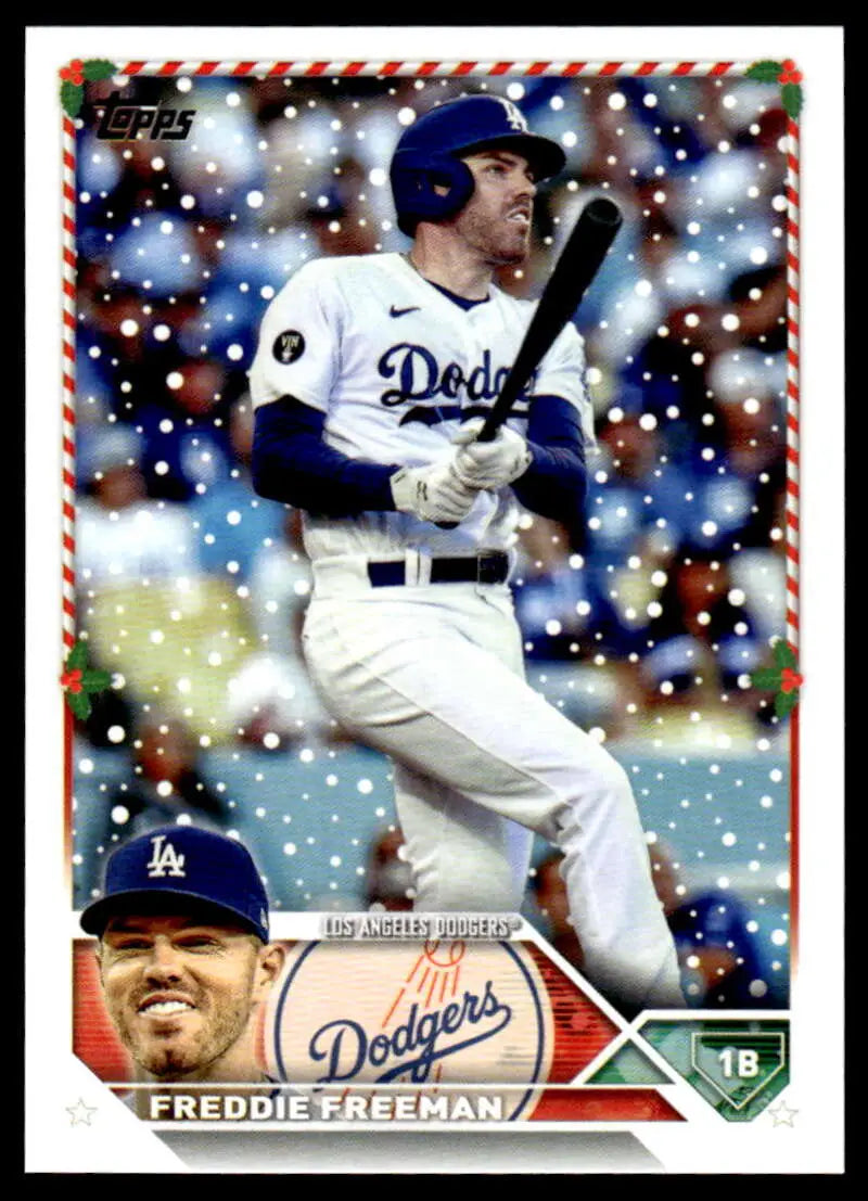 2023 Topps Holiday H134 Freddie Freeman baseball card with snowy effect, Dodgers at bat