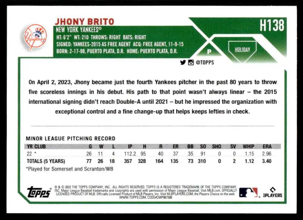 Baseball trading card of Jhony Brito from Topps Holiday showcasing player statistics