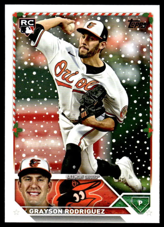 Grayson Rodriguez Baltimore Orioles baseball card with snowy effect overlay