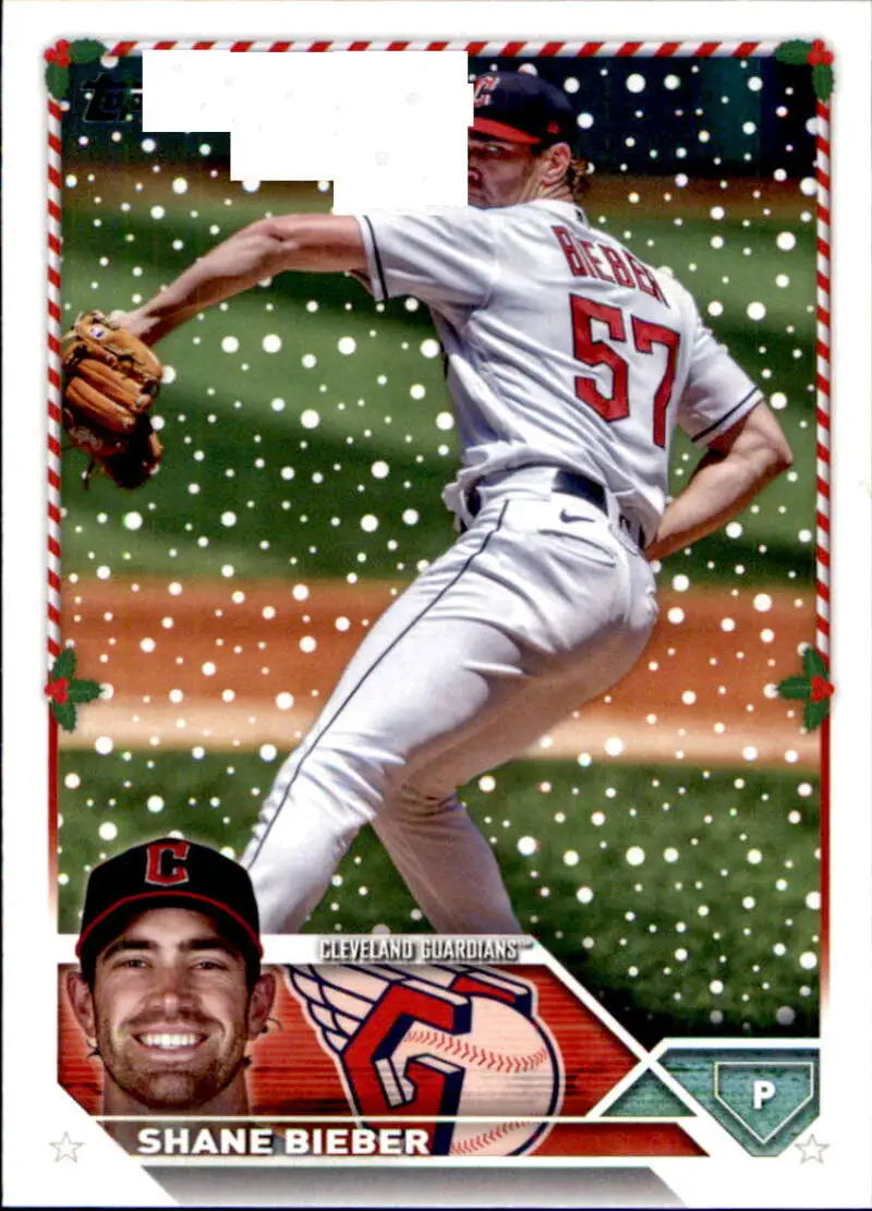 Baseball card of Shane Bieber in white uniform, 2023 Topps Holiday, Cleveland Guardians