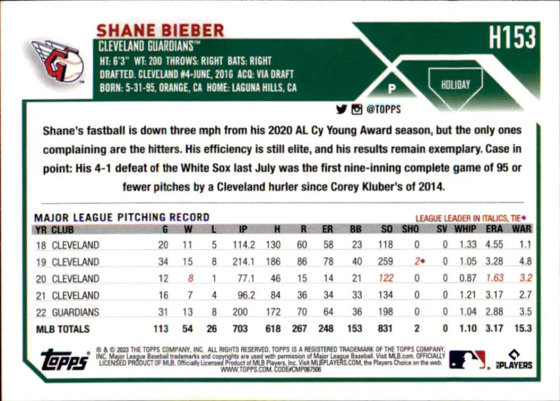 Shane Bieber 2023 Topps Holiday card featuring Cleveland Guardians stats and career info