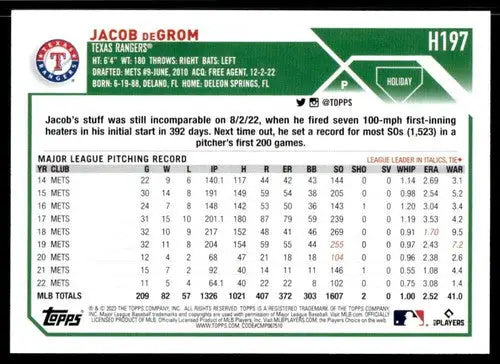2023 Topps Holiday Jacob deGrom baseball card with original gloss NM Near Mint