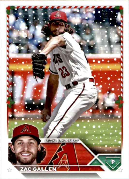 Zac Gallen Arizona Diamondbacks pitcher baseball card with snowy holiday border effect