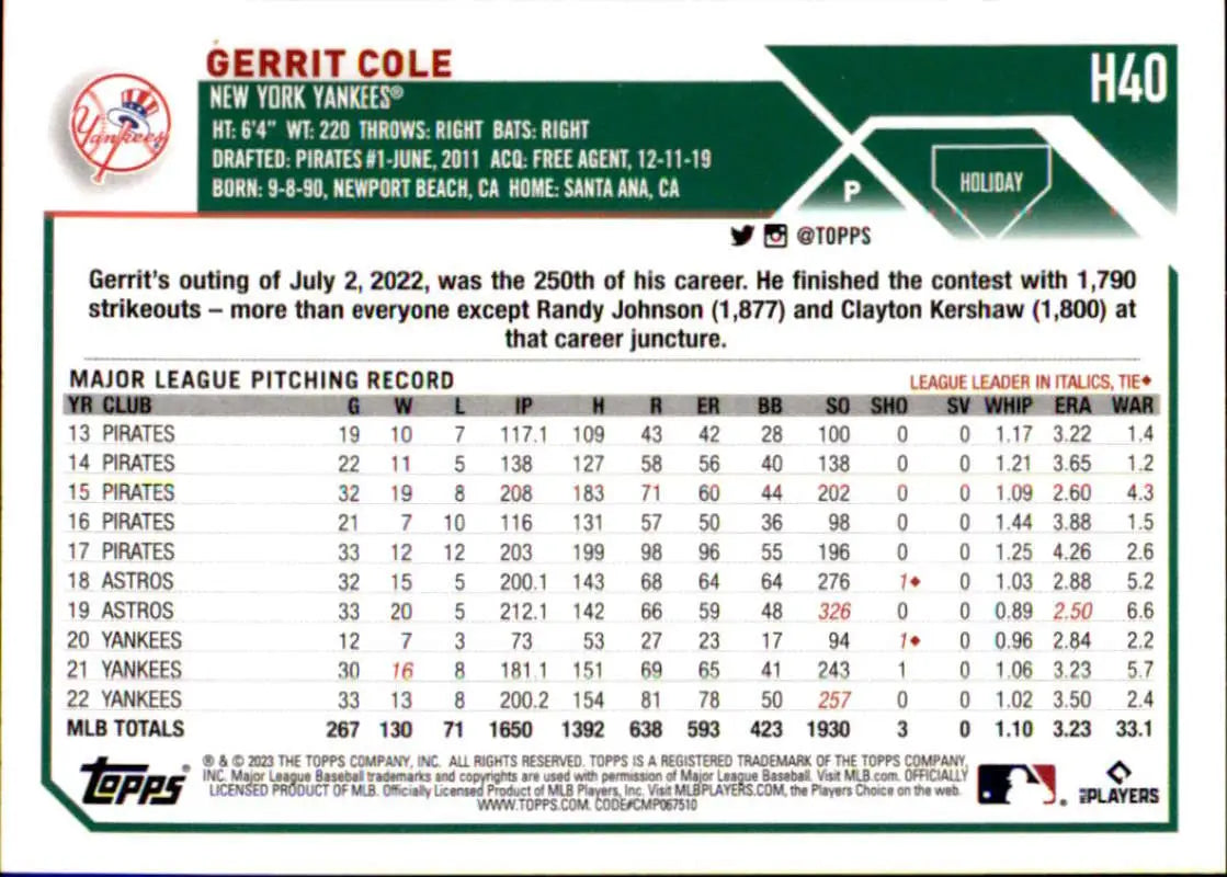 Gerrit Cole New York Yankees Baseball Card with MLB pitching statistics and career record
