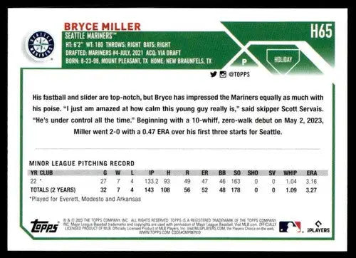 Original gloss 2023 Topps Holiday H65 Bryce Miller mint RC rookie baseball card
