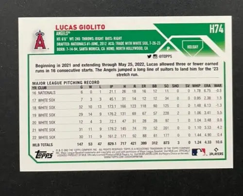 Original gloss Baseball card back for 2023 Topps Holiday H74 Lucas Giolito NM Near Mint Angels