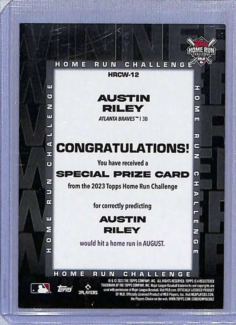 Austin Riley Home Run Challenge card from 2023 Topps series featuring home run winner