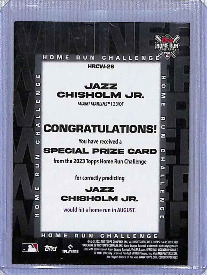 Jazz Chisholm Jr. Home Run Challenge prize card from 2023 Topps baseball card collection