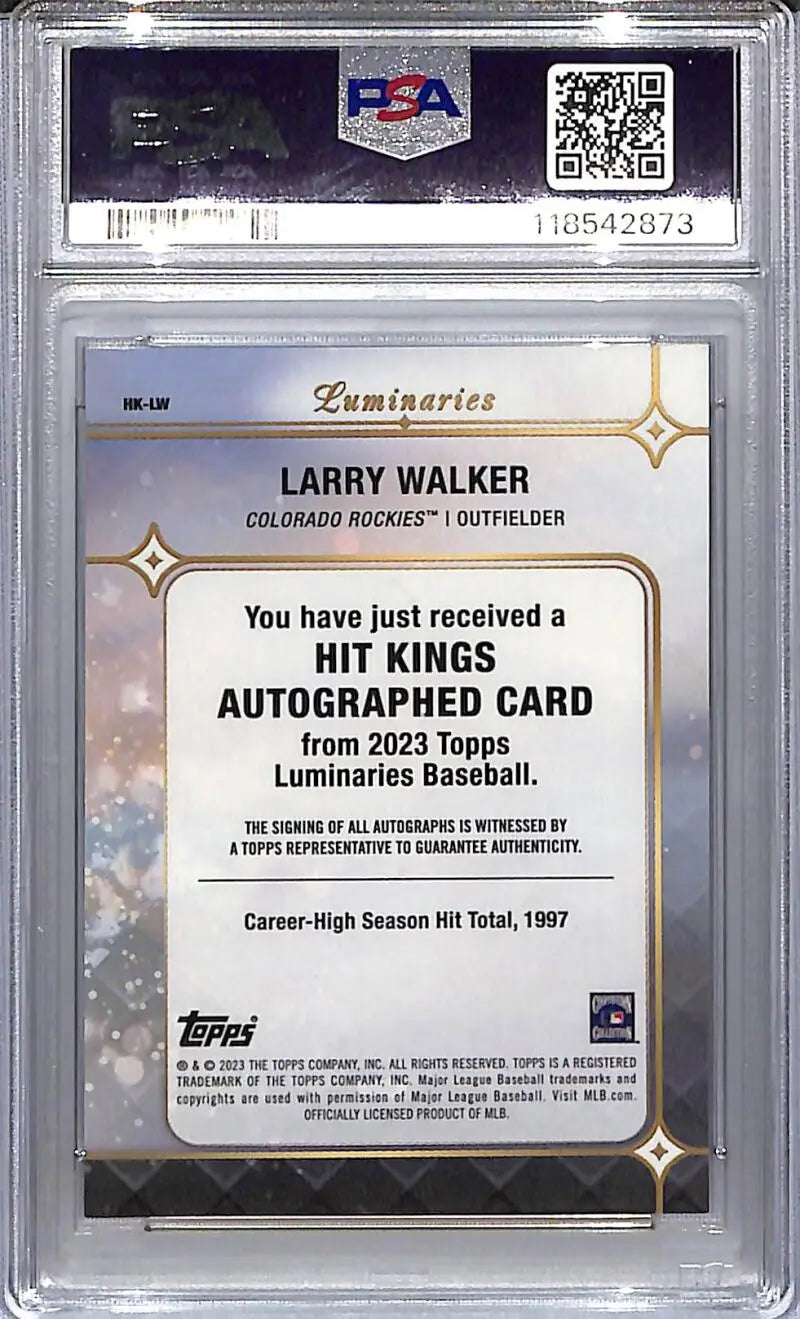 Graded Larry Walker baseball card from 2023 Topps Luminaries Hit Kings series