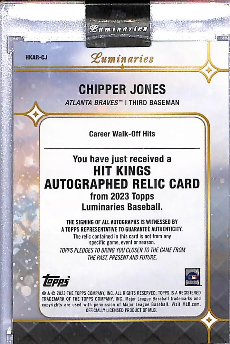Chipper Jones autographed relic baseball card from 2023 Topps Luminaries Hit featuring Atlanta Braves