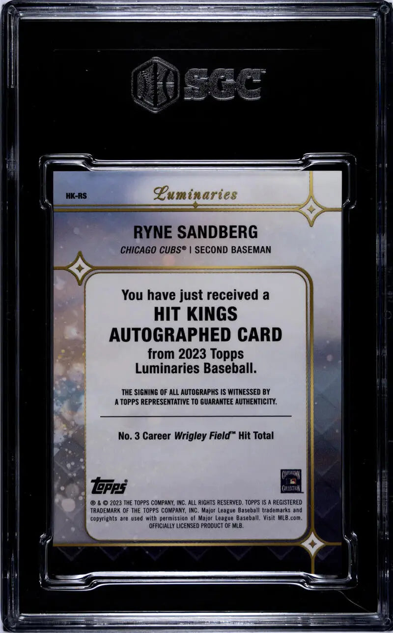 Graded Ryne Sandberg baseball card in black holder from 2023 Topps Luminaries series