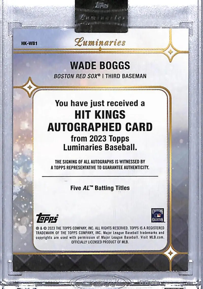 Back side of 2023 Topps Luminaries Wade Boggs autographed Red Sox baseball card