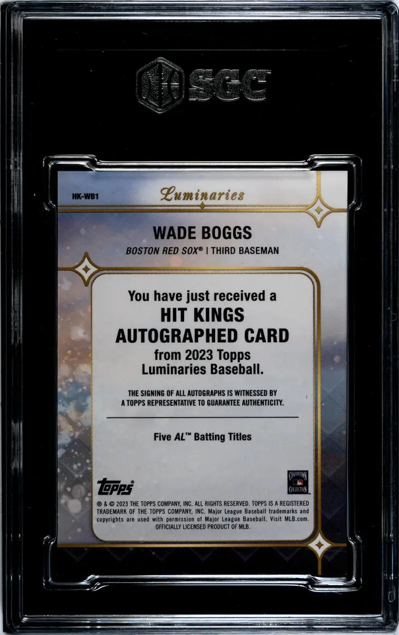 Back of 2023 Topps Luminaries Wade Boggs autographed Red Sox card with certification text