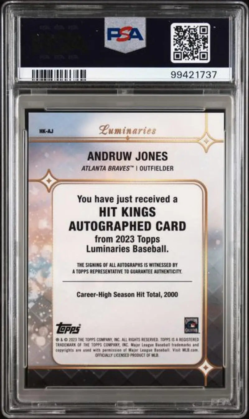 PSA-graded Andruw Jones autographed Hit Kings baseball card from 2023 Topps Luminaries