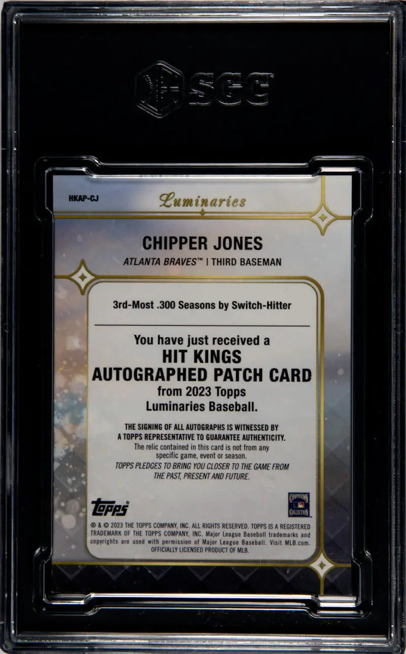 Chipper Jones autographed patch baseball card in protective case Atlanta Braves 2023 Topps