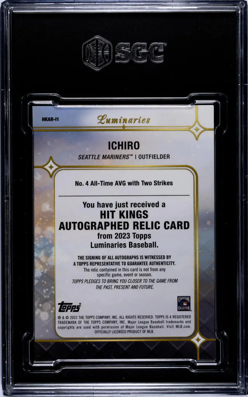Back side of 2023 Topps Luminaries Ichiro Suzuki baseball card in protective case