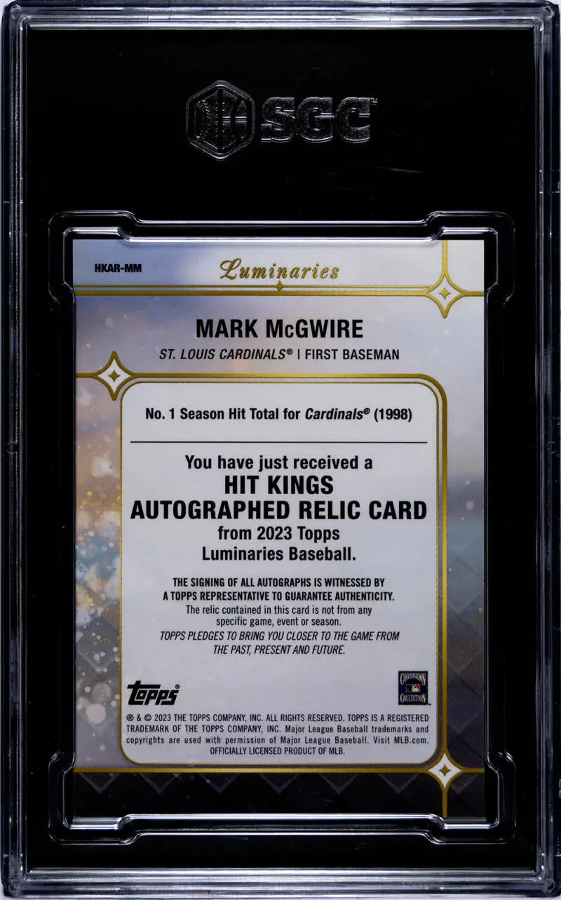 Back side of Mark McGwire Topps Luminaries baseball card with authentication details