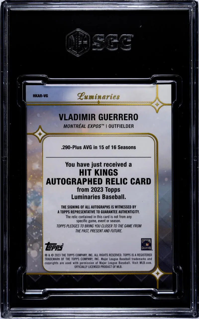 Back of 2023 Topps Luminaries Vladimir Guerrero Baseball Card in protective case