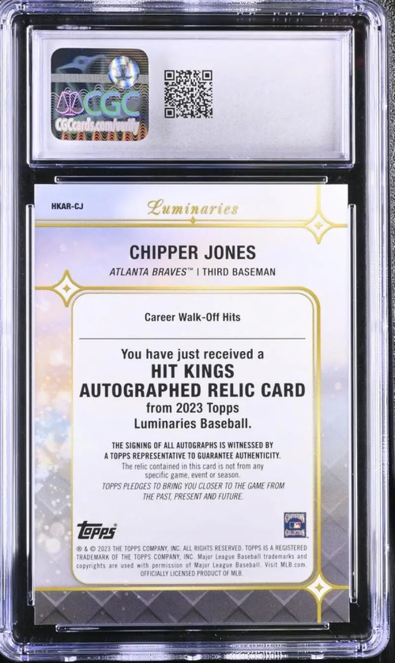 Chipper Jones Topps Luminaries baseball card in a protective case with QR code