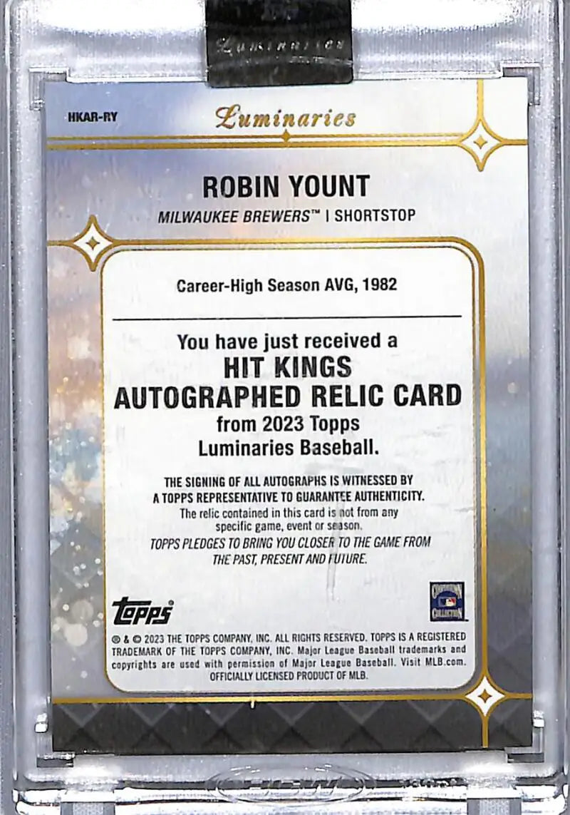 Back of 2023 Topps Luminaries Robin Yount baseball card with certification details