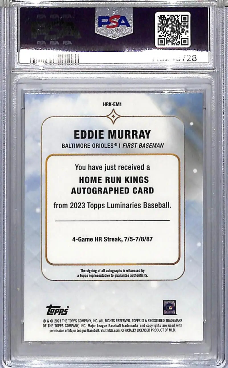 Eddie Murray autographed baseball card from 2023 Topps Luminaries Home Run Kings in gem mint condition