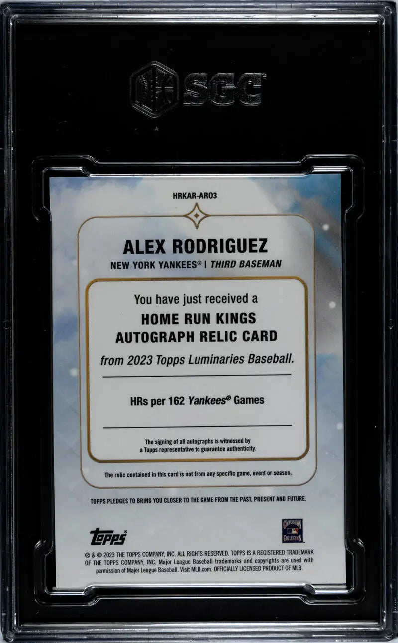 Back of 2023 Topps Luminaries Alex Rodriguez baseball card showing authentication details