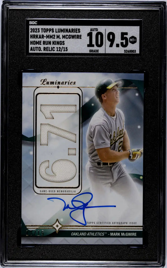 Graded baseball card of Mark McGwire with autograph and jersey patch for Oakland Athletics