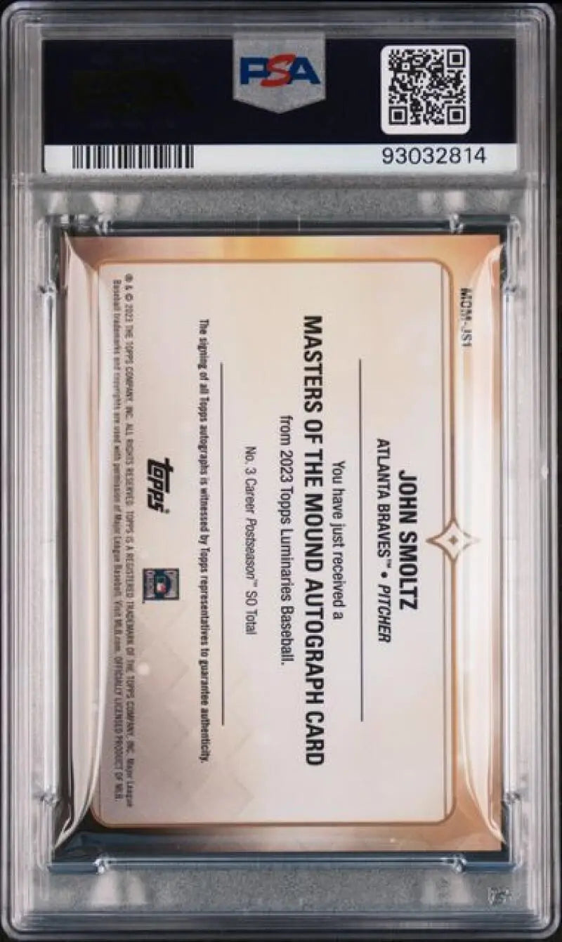 Graded John Smoltz Atlanta Braves baseball card from 2023 Topps Luminaries PSA 8 NM-MT