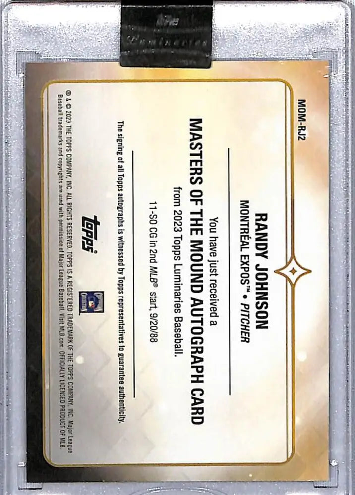 Randy Johnson 2023 Topps Luminaries Montreal Expos card in protective case with gold design