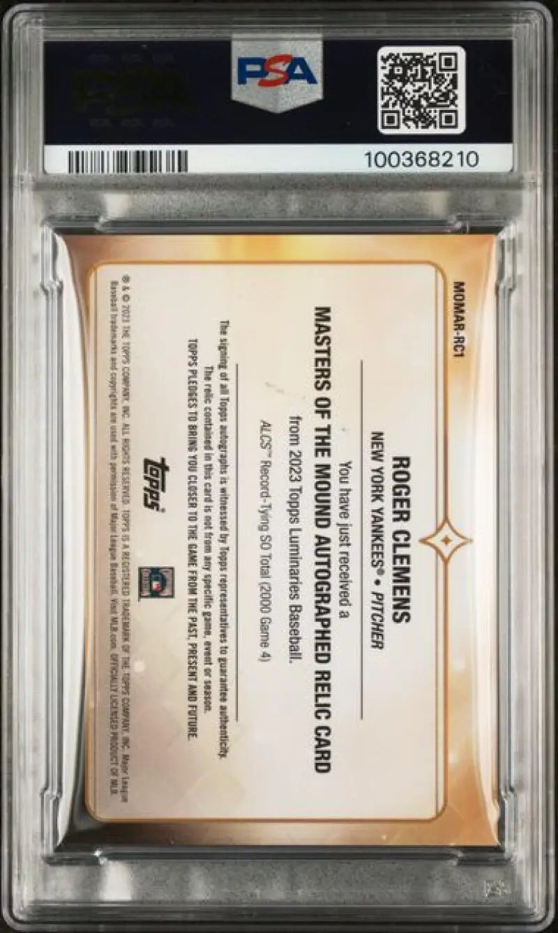 PSA-graded 2023 Topps Luminaries Roger Clemens GEM MINT New York Yankees card with QR code