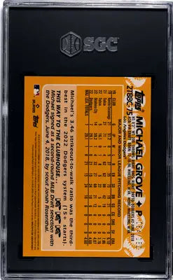 SGC-graded Topps Michael Grove baseball card with pitching record and descriptive back