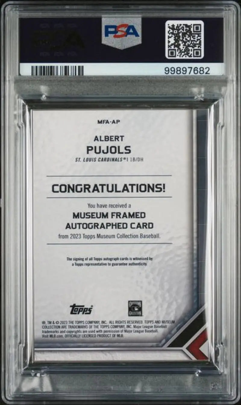 Back of PSA-graded Albert Pujols autographed Cardinals baseball card with Congratulations text