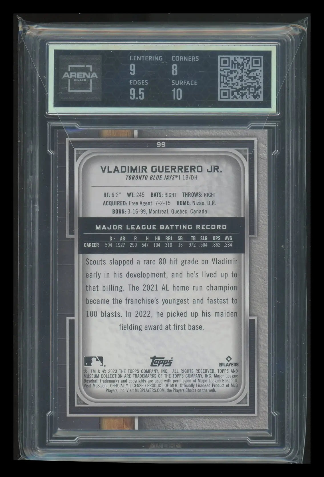 Graded Vladimir Guerrero Jr. baseball card from 2023 Topps Museum Collection Gold