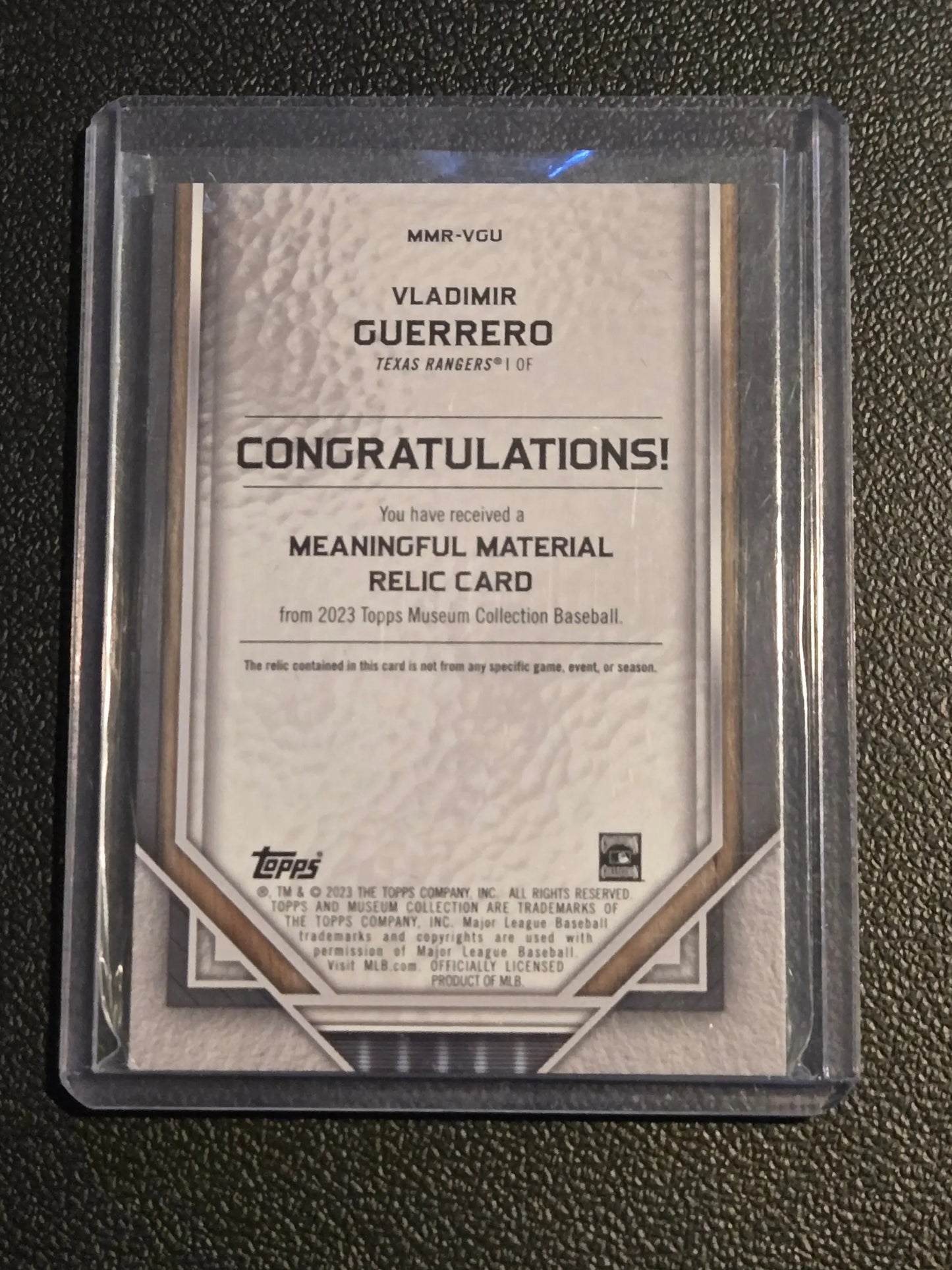 Vladimir Guerrero meaningful relic card from 2023 Topps Museum Collection in protective case