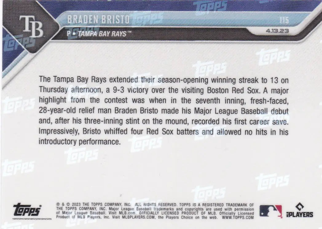 Baseball trading card of Braden Bristo from the Tampa Bay Rays 2023 TOPPS NOW series