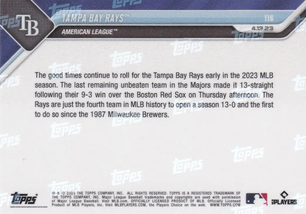Tampa Bay Rays baseball card from 2023 TOPPS NOW series featuring Tampa Bay bay rays