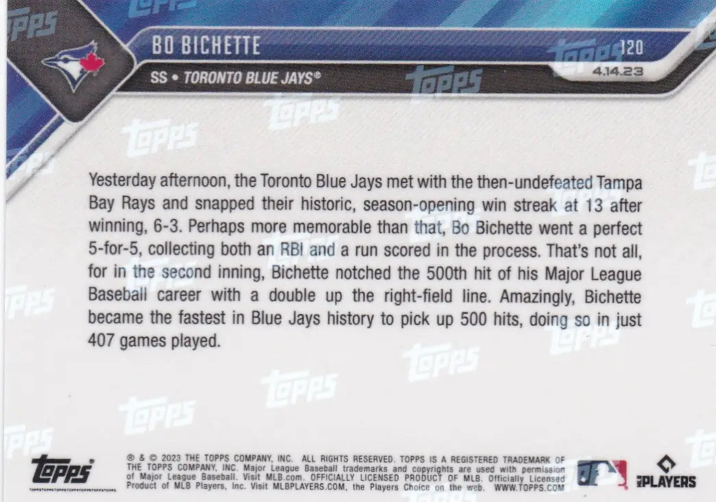 Back of a Bo Bichette Toronto Blue Jays baseball card from 2023 TOPPS NOW series